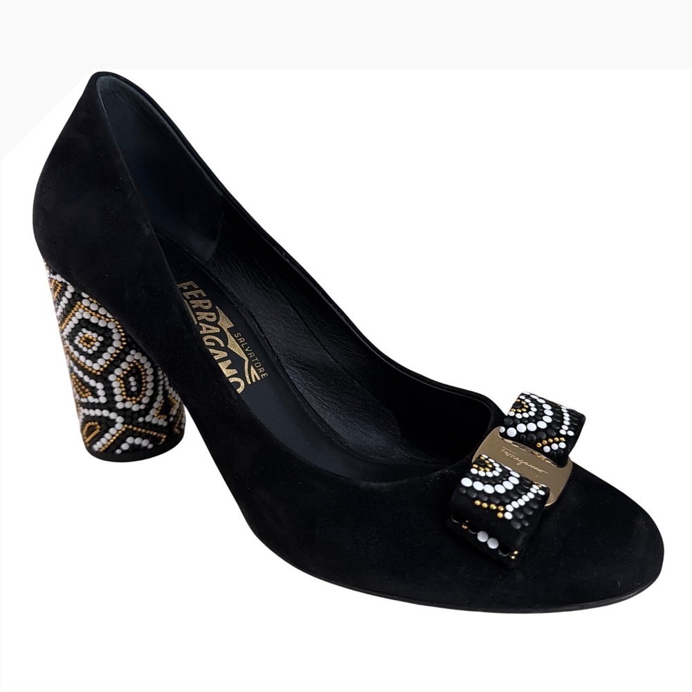 Salvatore Ferragamo Womens Black Suede Beaded Block Heel Vara Bow Pumps 10 B